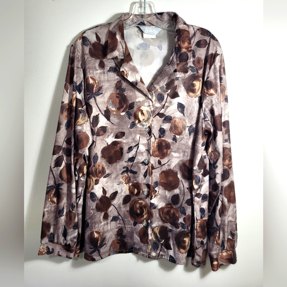 Blair floral button up silky v-neck blouse women's XL #2386